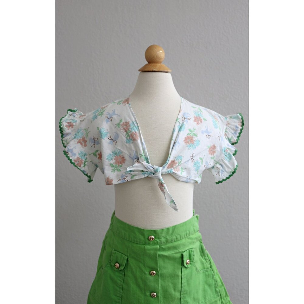 1940's Vintage Kitty & Flower Crop Top ~ Little Girl's size 5t 5 6 XS Small SM
